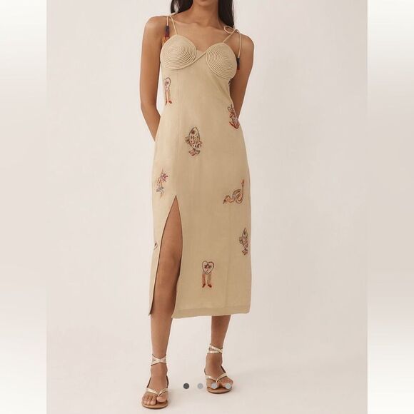 FARM Rio x Anthropologie Tan Embroidered Linen Blend Midi Dress - Picture 1 of 4